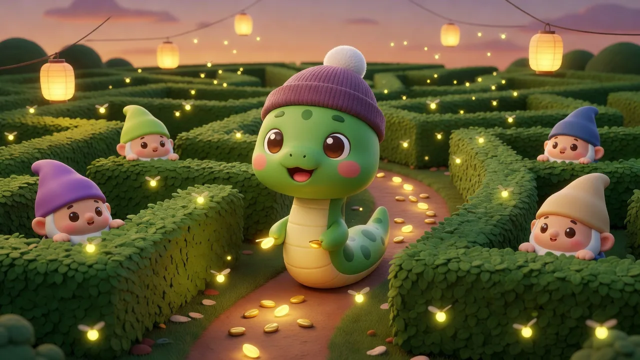 Noodle the snake in a purple beanie slithering through a hedge maze while garden gnomes peek around the corners